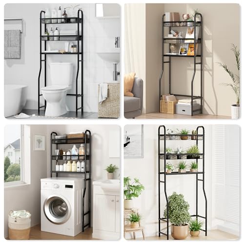 3 Tier Over The Toilet Storage Shelf, Black Bathroom Over The Toilet Storage Rack, Space Saving Above Toilet Storage Shelf with Vinyl Mesh Surface, Bathroom Toilet Shelf Rack Organizer