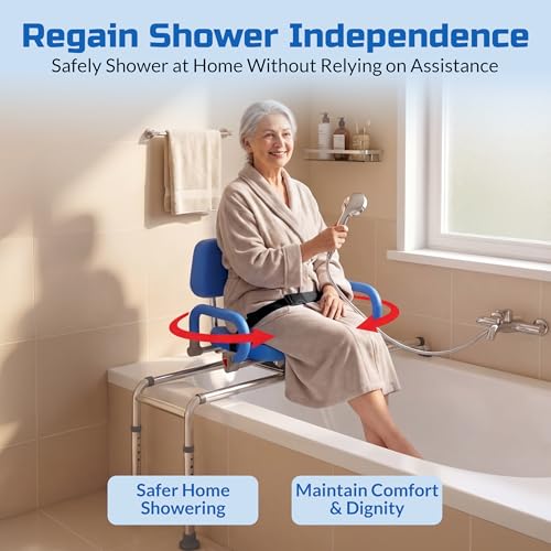 Carousel Sliding Shower Chair Tub Transfer Bench with Swivel Seat Elderly | Slide Safely In & Out of the Tub - Blue, padded seat, padded armrests, swivel seat, backrest, portable, tool-free assembly - color: Blue