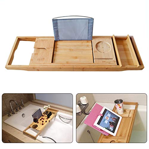 Bamboo Bathtub Tray Expandable Bathroom Tray for Home Spa Relaxation, Premium Foldable Wood Bath Table, Soap Dish, Book, Phone & Tablet Holder, Wine Glass Slot - Relaxing Bath Caddy