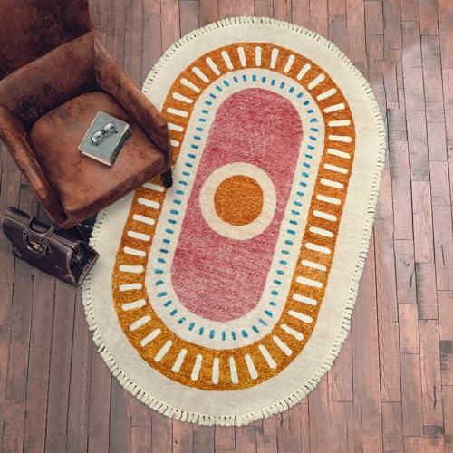 Lukinbox Boho Area Rugs for Living Room, 3x5 Oval Sun Machine Washable Bedroom Rug, Super Soft Non-Slip Orange Circular Rainbow Throw Rug for Entryway Kids Room Playroom Nursery Room Dinning Room - size: 2'11" x 4'11" (Oval)