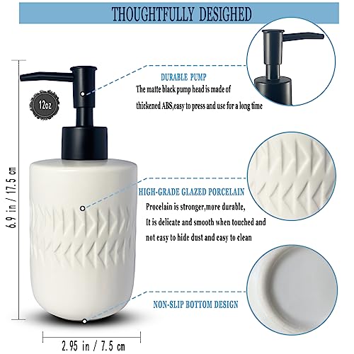 White Soap Dispenser with Matte Black Pump for Bathroom,Cylindrical Lotion Dispenser,12oz Ceramic Relief Hand Dish Soap Dispenser,Refillable Liquid Dispenser for Kitchen (Relief White) - color: Relief White