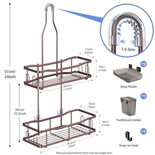 Hanging Shower Caddy Over Shower Head - No Drill Rustproof Shower Rack | Includes Soap Holder and Hooks for Shampoo, Conditioner, and Bathroom Essentials with Stable Storage in Any Shower Space - color: Bronze