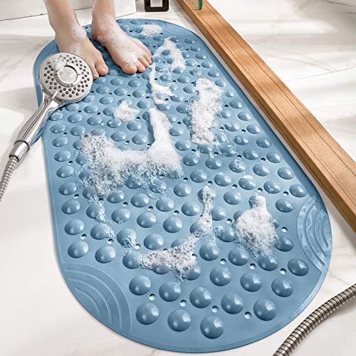 DEXI Bathtub Mat Non Slip 16x35, Shower Floor Mats for Bathroom Bath Tub | Blue Washable Oval Bathmat, Suction Cups and Drain Holes to Keep Tubs Clean - color: All Blue
