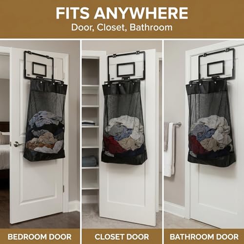 Over the Door Basketball Hamper, 2-in-1 Hanging Dirty Clothes Organizer with Hoop Design, Kids Room Fun Toss Storage Bag, Large Capacity Removable Zip Laundry Bag