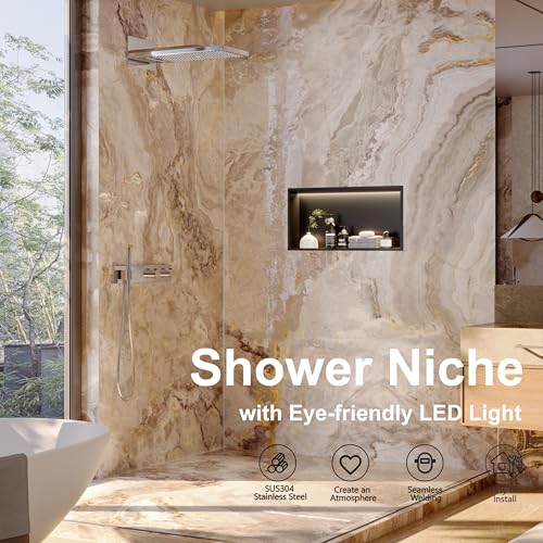 Qeke 24" X 12" Stainless Steel Shower Niche w/ 3 CCT Dimmable Light, Black | No Tile Needed Wall Niche, Recessed Niche w/ Light(3000K/4000K/6000K), IP66 Waterproof, Space Saving & Durable - color: Matte Black, size: 24" X 12"