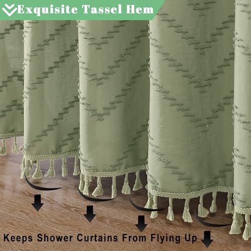 Small Boho Stall Shower Curtain, Light Green Fabric Cloth Stall Shower Curtain 36 x 72 Half Size with Tassel Tufted Chevron Striped Textured Modern Farmhouse for Bathroom, Machine Washable - color: Light Green, size: 36"W x 72"L (Pack of 1)