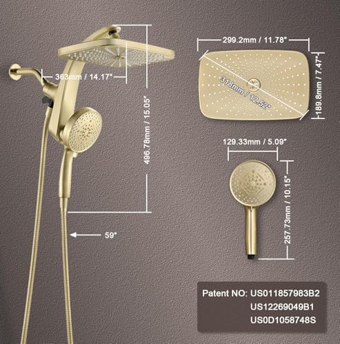 12" High Pressue Rain Shower Head with Handheld, 9 Sprays Hand Showerhead | Shower Heads with Handheld Spray Combo, Dual Head, Built-in Magnetic Docking, Power Jets, 59" Shower Hose, Gold 1.75GPM - color: Gold