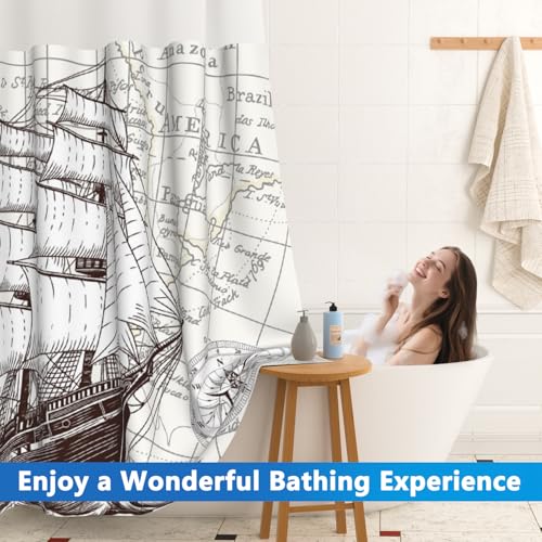 Nautical Shower Curtains for Bathroom, Retro Sailboat No Hook Shower Curtain with Snap in Liner and Sheer Top Window, Easy to Install Waterproof Fabric Shower Curtains with Weighted Hem, 71x74 Inches - color: Sailboat