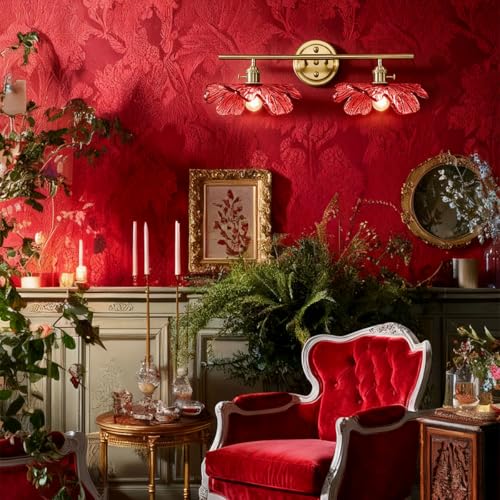 2-Light Red Floral Wall Sconce Mid Century Antique Gold Bathroom Vanity Light with Metal Base, Wall Lighting Fixture Over Mirror for Living Room Bedroom Hallway - color: 2-light, Red