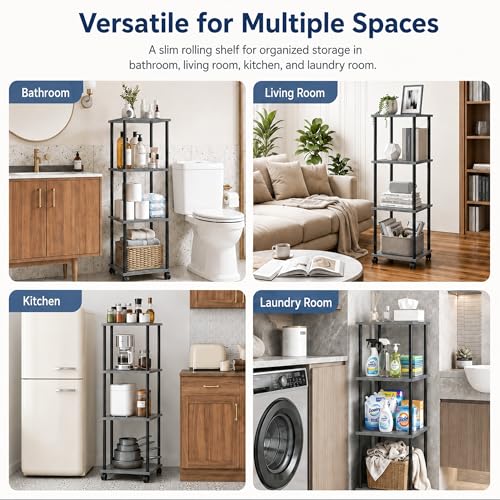 4-Tier 38.2" Tall Oak Grey Bathroom Shelving Unit with Wheels | Wood Finish, Metal Frame, Rolling Narrow Open Shelf Design, for Laundry Room, Kitchen, Living Spaces, Easy to Move - color: Oak Grey, size: 4-Tier