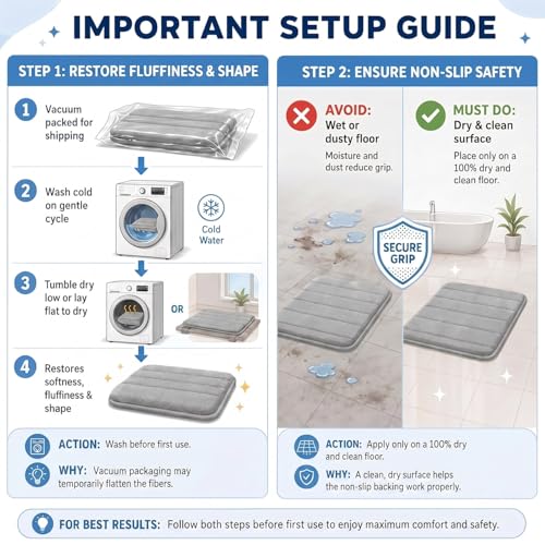 2 Piece Memory Foam Bath Mat Set, Extra Soft Absorbent Bathroom Rugs with U-Shaped Toilet Rug, Non-Slip Backing, Machine Washable, 24x16 + 20x20 U-Shaped, Gray - color: Grey