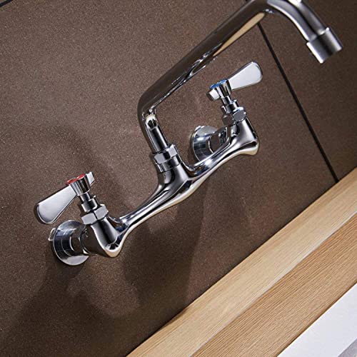 Wall Mount Kitchen Faucet Commercial Sink Faucet with 8 Inch Swivel Spout | Two Handles,8 Inches Center,Gooseneck 360° Rotating Spout,Faucet for Restaurant/Laundry/Utility Sinks,Lead-Free,Chrome Finish - size: 8 Inch