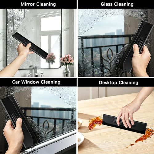 2PACK Shower Squeegee for Glass Doors All-One-Piece Silicone with Hook | Design for Easy Hanging & Cleaning for Bathroom, Window, Kitchen, Mirror, Tile Wall, Car, Streak-Free No-Squeak Tool, Black