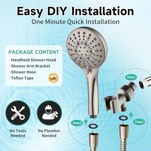 BRIGHT SHOWERS High Pressure Shower Head with Handheld, 9 Spray Settings Showerhead Built in Power Wash to Clean Tub and Pets, Extra Long 69" Hose, Adjustable Bracket, Brushed Nickel - color: Brushed Nickel, style: 2.5 GPM | 9 Modes