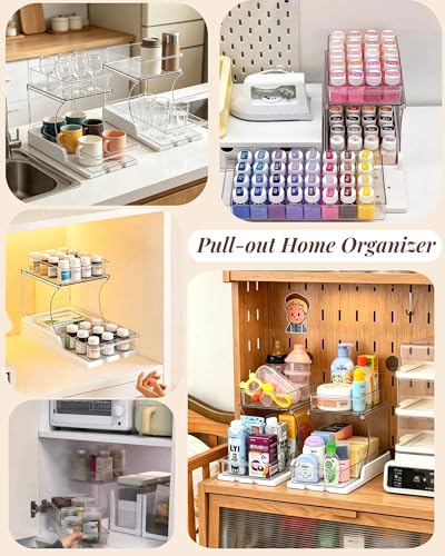 2 Pack Pull-Out Makeup Organizer 2 Tier Under-Sink Rack | Acrylic Countertop Organizer & 180° Swivel Drawer, Waterproof Sliding Storage for Bathroom Vanity, Kitchen Cabinet, Pantry
