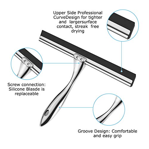 Ibergrif M34101 Shower Squeegees, Silicone Window Squeegee, Shower Cleaner for Window, Glass, Shower Door, Car Windshield, Include Shower Hooks, Stainless Steel