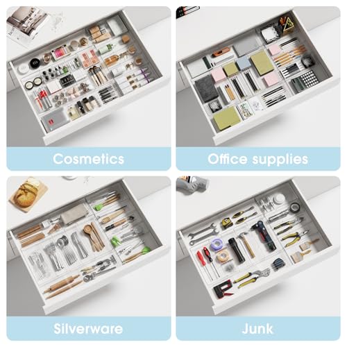 Expandable Makeup Drawer Organizer, Clear Silverware Drawer Organizer Tray. | Width (10.6"-20.1") Depth (11"-20.1") Height1.9", with 6 Removable Dividers, Great for Cosmetic,Utensils,Stationery,Office