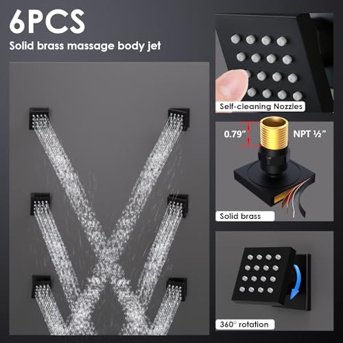 Enga Full Body LED Thermostatic Shower System with Body Jets, 20-Inch 3 Function Shower Head (Rainfall & Mist & Waterfall), Luxury Multi Function Rain Shower Faucet Set, Matte Black - color: Matte Black, style: 20" Head (Rain + Mist+Waterfall) - Jets