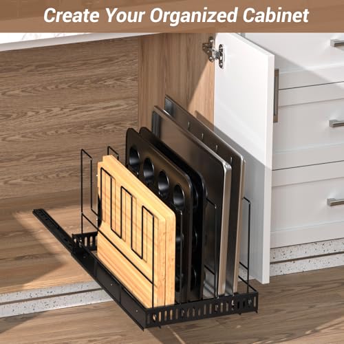 Housolution Pull Out Baking Tray and Cookie Sheet Cutting Board Organizer | 21.5" Deep & 12" Wide, 4 Adjustable Dividers, Sliding Rail Design, Sturdy Metal Structure, Adhesive/Screw Fixing - color: Black, 4 Dividers, size: Large