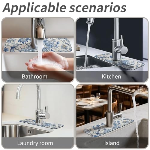 Kitchen Sink Splash Guard,Blue flowers and birds-1 Faucet Mat Sink Gadgets-Super Absorbent Fast Drying Mat Drip Catcher for Kitchen, Bathroom,Sink Mat, Dish Drying Mat, Bathroom(15" X 5.5" ) - color: Blue flowers and birds-1