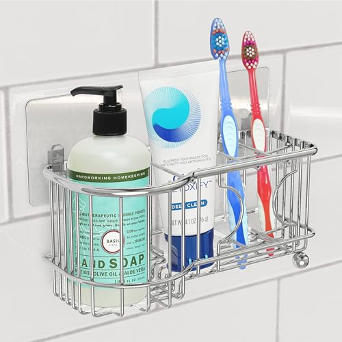 Simple Houseware Stainless Steel 6 Slots Adhesive Wall Toothbrush Holder | (3.4" D x 7.8" L x 3.8" H) - color: Chrome, size: Wall-Mounted / Freestanding