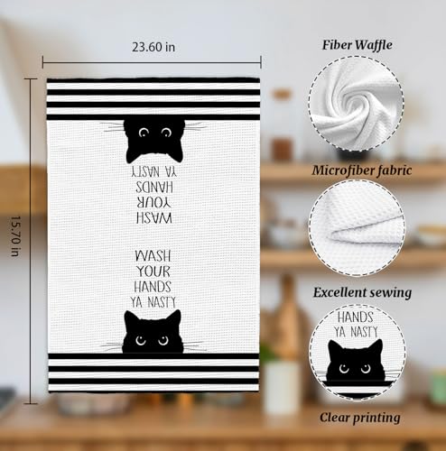 Black Cat Bathroom Washroom Hand Towels, Wash Your Hands Ya Nasty Funny Sign for Bathrooms,Cats Gifts for Women, Cute Cats Animals White Waffle Weave Microfiber Dish Towels, 16x24 Inch - color: Wash Your Hands Ya Nasty