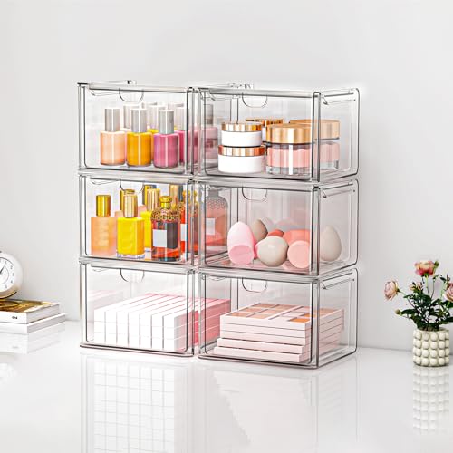 6-Pack Stackable Acrylic Storage Drawers, Small | Smooth-glide drawers, stackable, clear body, dustproof, wipe clean, 6 small, for art tools, makeup, under sink, pantry - style: 6 Small