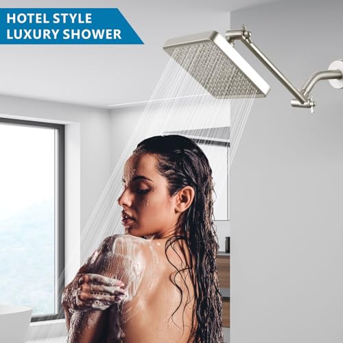 High Pressure Rain Shower Head with 11'' Extension Arm - High Flow Rainfall Showerhead - Luxury Modern Look - Pressure Boosting (Square, Matte Black) - color: Brushed Nickel, style: 6" Square