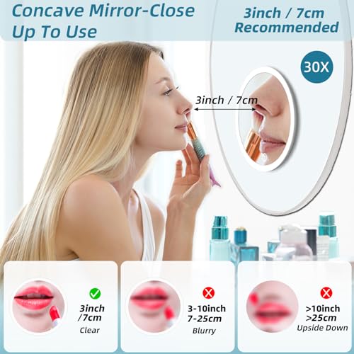 30x Magnifying Mirror With Light, Rechargeable 3 Color Modes Dimming Large 6'' Lighted With Suction Cups, Travel Makeup Magnification With Tweezers & Scissors - color: 30x -Pink