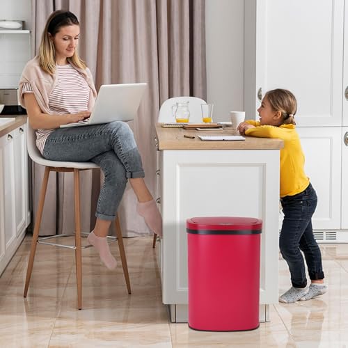 13 Gallon Kitchen Trash Can Bathroom Trash Can with Lid Red Garbage Can | Automatic Motion Sensor,50 Liter Touchless Trash Bin,Waterproof Garbage Bin Wastebasket for Toilet,Office,Caravans,Bedroom, - color: Red