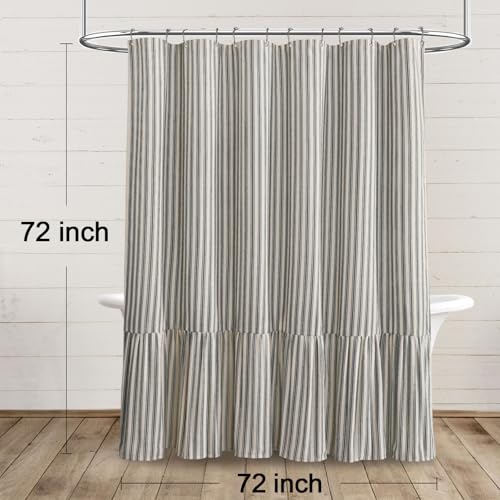 Farmhouse Shower Curtain Ruffle Linen Cream-Black Stripe 72"W x 72"L | Farmhouse Boho, Striped, Bottom Ruffle, Linen Fabric, Rustic, Country, Natural Look, Washable, for Bathroom Bathtub - color: Cream-blcak Stripe, size: 72"W x 72"L