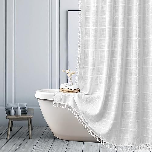 Farmhouse White Shower Curtain - Boho Modern Linen Fabric Shower Curtains for Bathroom, Chic Country Narrow Thick Bathroom Curtain Set with Tassel - Bohemian Cloth Shower Curtain 47x71 Inch - color: White, size: 47"W x 71"L (Pack of 1)