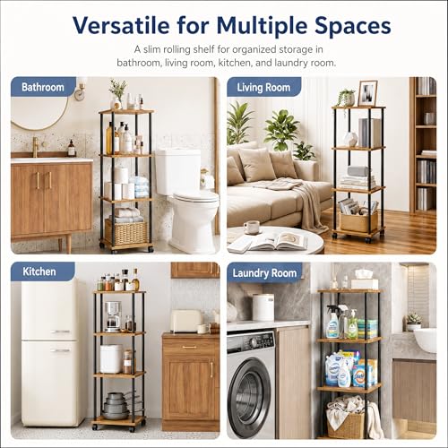 4-Tier 38.2" Tall Rustic Brown Bathroom Shelving Unit with Wheels | Wood Finish, Metal Frame, Rolling Narrow Open Shelf Design, for Laundry Room, Kitchen, Living Spaces, Easy to Move - color: Rustic Brown, size: 4-Tier