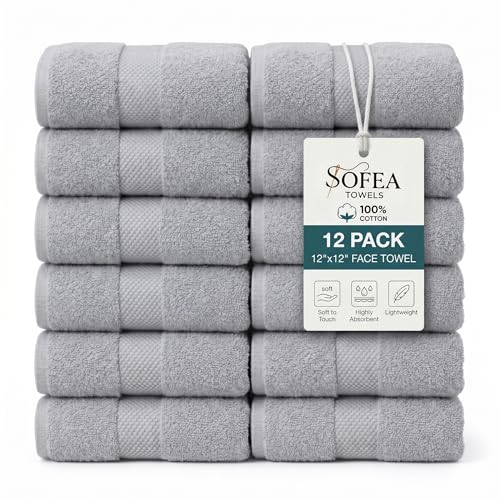 Sofea 100% Cotton Washcloths Set of 12, (12 x 12 Inch) 520 GSM Wash Cloths, Extra Soft Absorbent Quick Dry Face Towels - color: Light Grey
