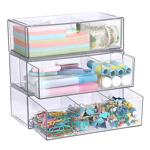 Acrylic Pencil Drawer with Removable Dividers Clear Pull Out Pen Drawer Organizer Stackable Bathroom Organizer for Makeup, Cosmetics, Office Supplies,3 Pack