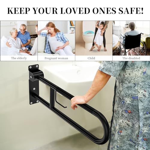Toilet Grab Bar 32 Inch,YuanDe Matte Black Anti-Slip U-Flip-Up Handrails | Stainless Steel,Knurled Grip, Paper Holder, Toilet-Side Use, Sit/Stand Assistance, Elderly/Disabled/Pregnant Safety Assist - color: Matte Black, size: 32 IN