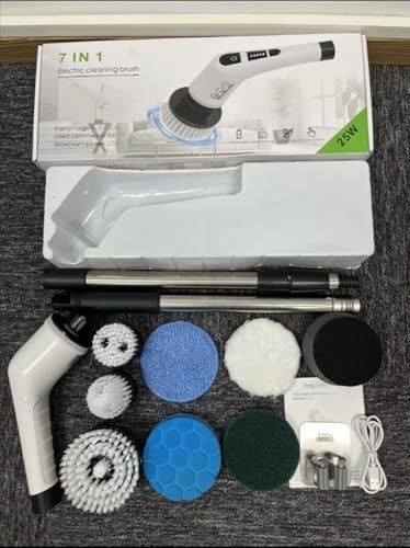 7-in-1 Electric Spin Scrubber with Long Extendable Handle, Cordless Power Scrubber with 7 Replaceable Brush Heads for Bathroom, Shower, Bathtub, Tile, Floor, Glass & Car Cleaning