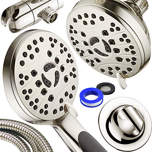 High Pressure 48-mode Luxury 3-way Combo – Dual Rain & Handheld Shower Head – 6 Foot Stainless Steel Hose – Anti Slip Grip – All Brushed Nickel Finish – Top US Brand – Extra Wall Bracket - color: All Brushed Nickel
