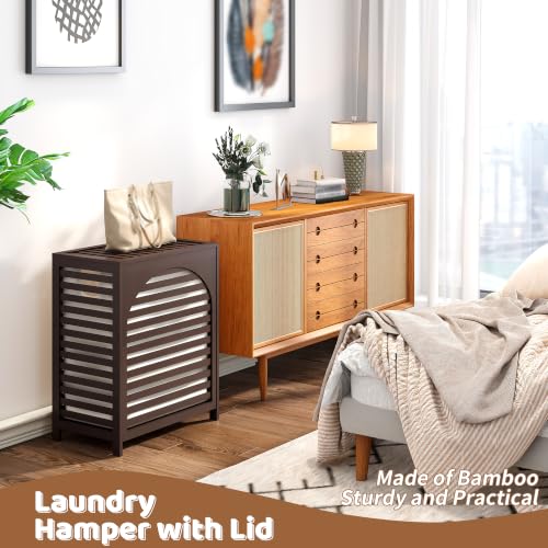 Laundry Hamper with Lid, Bamboo with Handles and Removable Liner Bag, 125L Laundry Basket for Bedroom, Bathroom & Laundry Room (Brown) - color: Brown