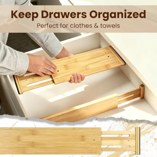 Joyeee Kitchen Drawer Dividers 6 Pack, 16.9-22.1" Adjustable Bamboo Drawer Organizer, 3.86" High Expandable Utensils Separators for Closet, Dresser, Bathroom, Bedroom, Office