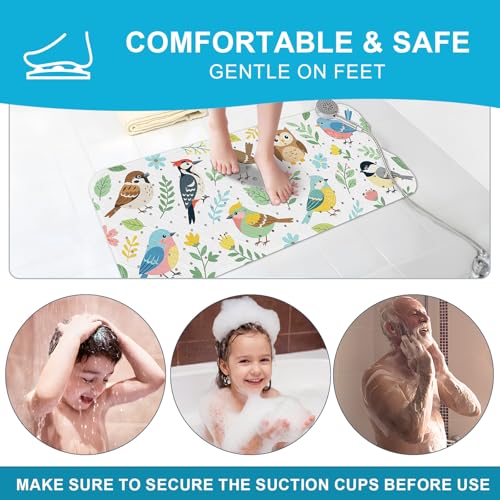 Baby Bath Mat for Tub Non Slip Kids, BPA Free Extra Long Bathtub Mat 40x16 with Drain Holes and 200 Suction Cups, Non Toxic Machine Washable Toddler Bath Mat, Eco-Friendly Certified - color: Bird