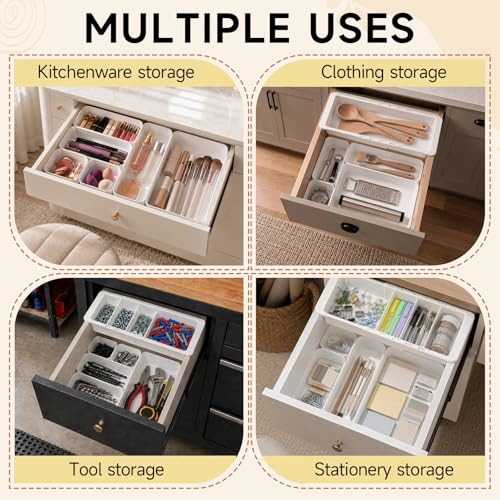 27 Pcs Deep Drawer Organizer Bulk, 2 Expandable Hanging Trays with Plastic Drawer Dividers Organizers, Desk Drawers Organizer Trays for Makeup Kitchen, Bathroom, Office, Bedroom, White