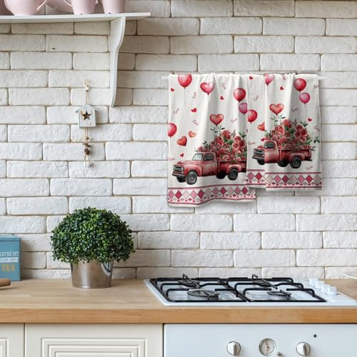 Giwawa Watercolor Valentine Truck Hand Towel Red Rose Flowers Kitchen Towels Love Heart Cotton Towel Set of 2 - color: Valentine Rose Truck-red, size: 28.3" x 14.4"(Pack of 2)