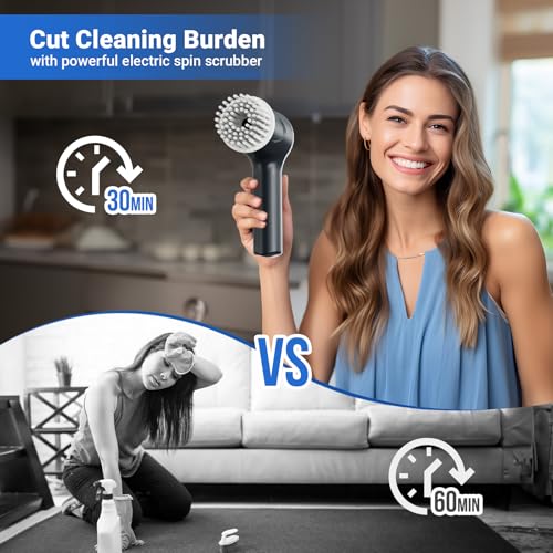 PUFTEM Electric Spin Scrubber, Cordless Shower Scrubber, Gray | Battery Level Display, Dual Speed, 6 Replaceable Brush Heads, IPX7 Waterproof, Long Runtime, Tub, Tile & Sink Cleaning - color: Gray