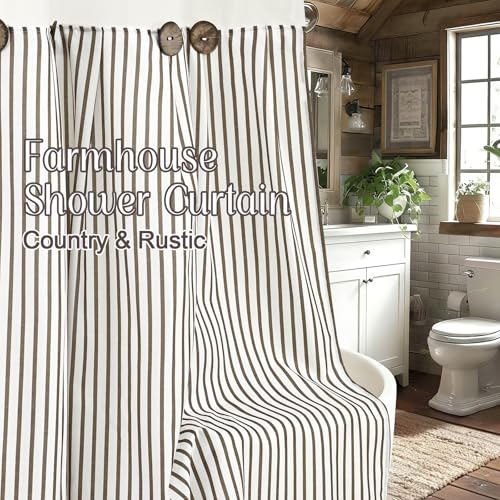 ASPMIZ Farmhouse Striped Shower Curtain and Liner Set No Hook, Brown 71x86 | No Hook Shower Curtain with Snap in Liner Fabric, Rustic Washable Waterproof Bathroom Curtains with Button, Mesh Top Window - color: Brown Striped, size: 71"W x 86"L (Pack of 1),