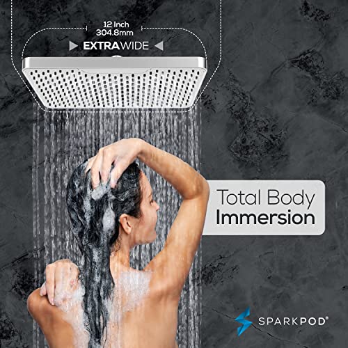 SparkPod 12 Inch Rectangle Rain Shower Head - Ceiling or Wall Mount Rainfall Shower Head - Large Coverage Showerhead - Brass Ball Joint with 360° Adjustment - 1-Min Install (Luxury Polished Chrome) - color: 1 - Luxury Polished Chrome 12 Inch Rectangle, st