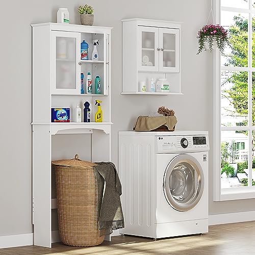 Spirich Over the Toilet Storage Cabinet with Tempered Glass Doors, White | Adjustable Shelf, Frosted Tempered Glass, Anti-Tip Fitting, 33-Inch Clearance for Standard Toilets, Bathroom Space Saver