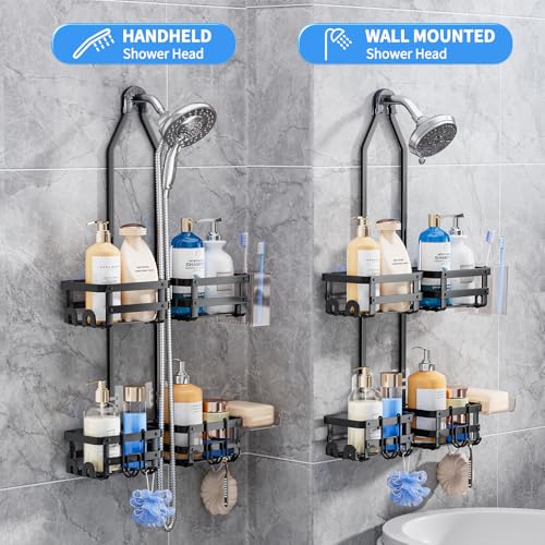 Aluminum Shower Caddy Hanging, Never Rust Shower Organizer | 4 Levels with adjustable Height 10 Hooks for Razor/Sponge - Rack with Soap Basket (Black-1) - color: Black-1