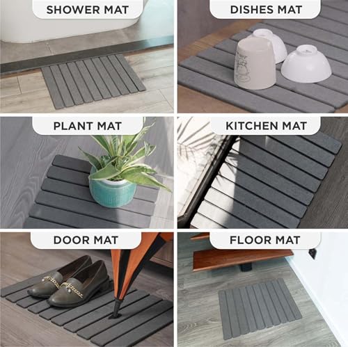 Extra Long Foldable Stone Bath Mat 32 x 15 - Diatomaceous Earth Shower Mat, Non-Slip Quick-Dry Stone Bath Mats for Bathroom, Super Absorbent, Compact Design, Easy to Clean, Dark Gray | Super absorbent surface, easy-care finish, includes non-slip pad, bath