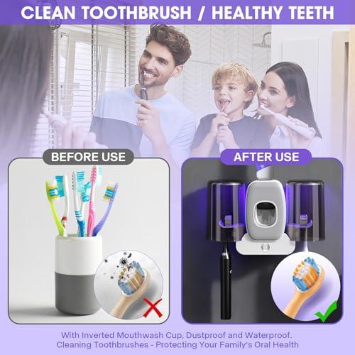 LXIANGN 3 in 1 Toothbrush Cleaner Holders,Rechargeable Wall Mounted Toothbrush Holder Toothpaste Dispenser Automatic 2 Cups Tooth Brush Holder for Bathroom, No Drilling, 4 Slots, Grey - color: Grey